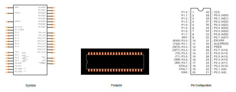 Fig.1 AT89C52 Symbol, Footprint and Pin Configuration