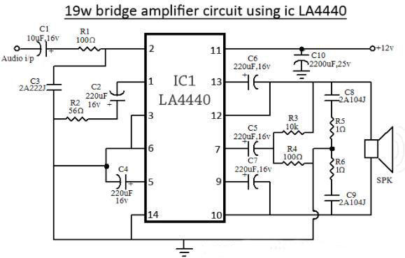 19W Bridge Amplifier Circuit Using a LA4440 IC