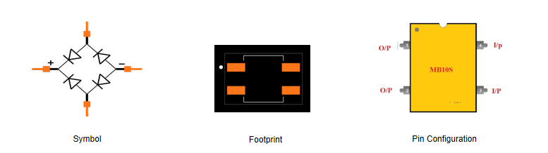 Fig 2 Symbol, footprint and pin configuration of MB10S bridge rectifier